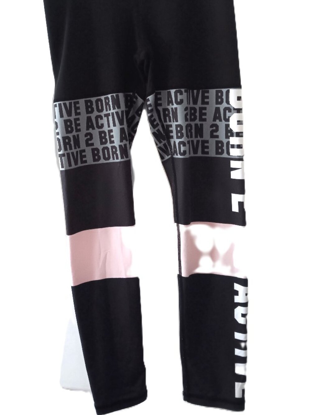 H & M Sport Girl's Black Grey White Pink Born to Be Active Leggings - L (10/12)